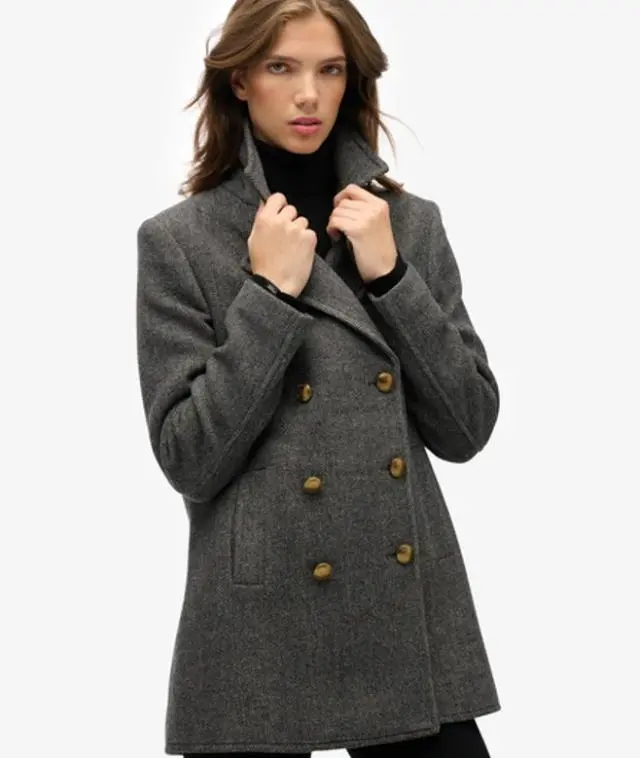 Superdry & Co Women's Double Breasted Pea Coat Dark Grey / Charcoal Herringbone - 