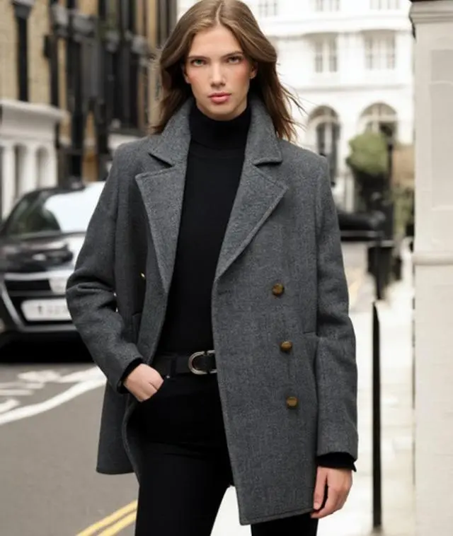 Superdry Women's Double Breasted Pea Coat Dark Grey / Charcoal Herringbone - 