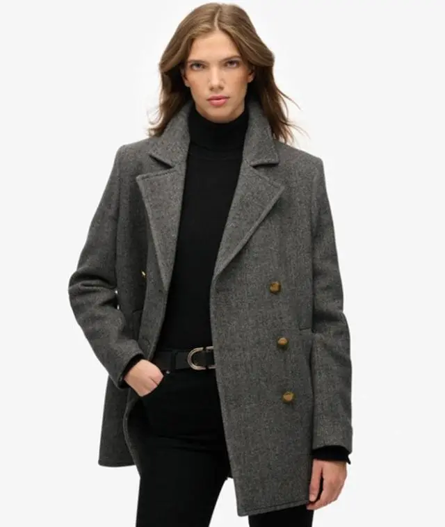 Superdry Women's Double Breasted Peacoat Dark Grey / Charcoal Herringbone -