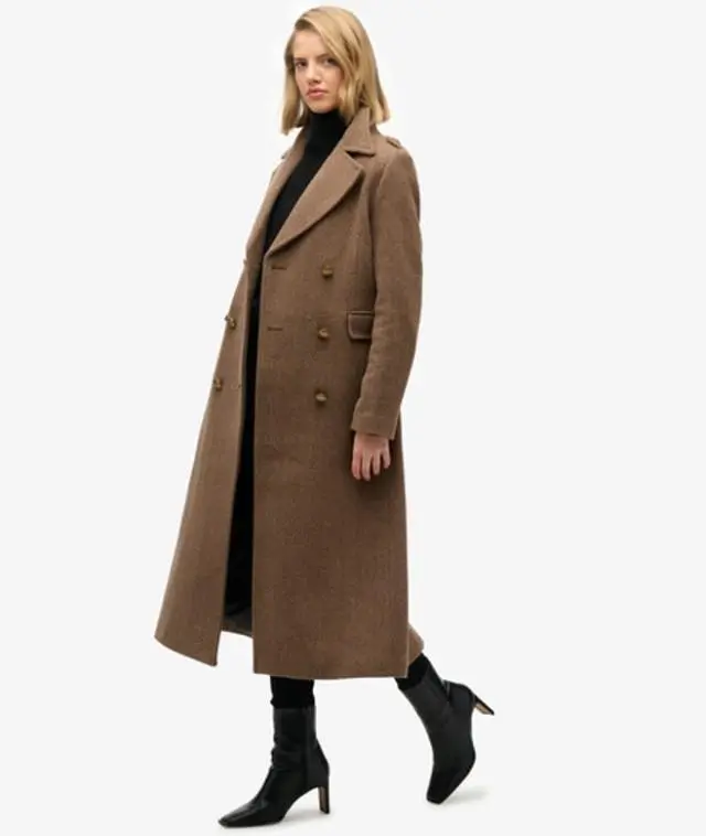 Superdry & Co Women's Double Breasted Wool Blend Coat Brown / Camel Brown Herringbone - 