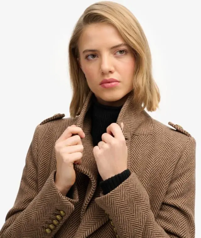 Superdry Women's Double Breasted Wool Blend Coat Brown / Camel Brown Herringbone - 