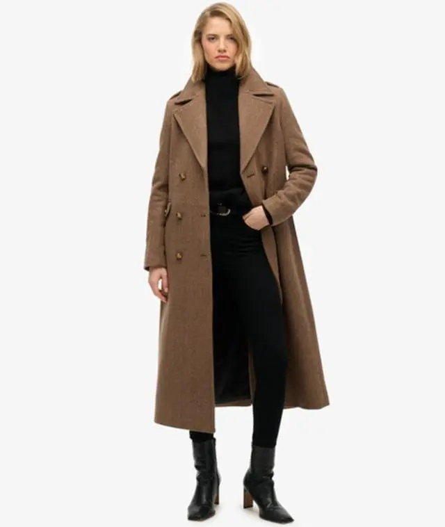 Superdry Women's Double Breasted Wool Blend Coat Brown / Camel Brown Herringbone -