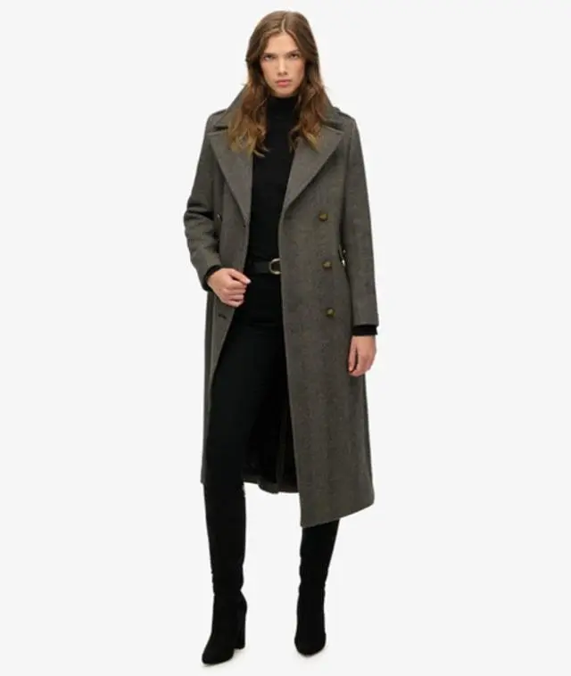 Superdry Women's Double Breasted Wool Blend Coat Black / Ivory/black Herringb -