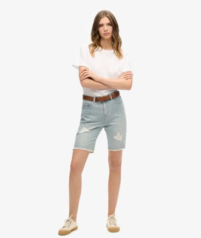 Superdry & Co Women's Bermuda Boy Shorts Light Blue / Light Indigo Destroy - 