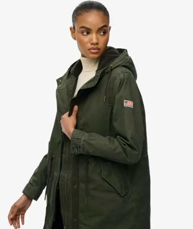 Superdry Women's Military Borg Fishtail Parka Coat Khaki / Army Khaki -