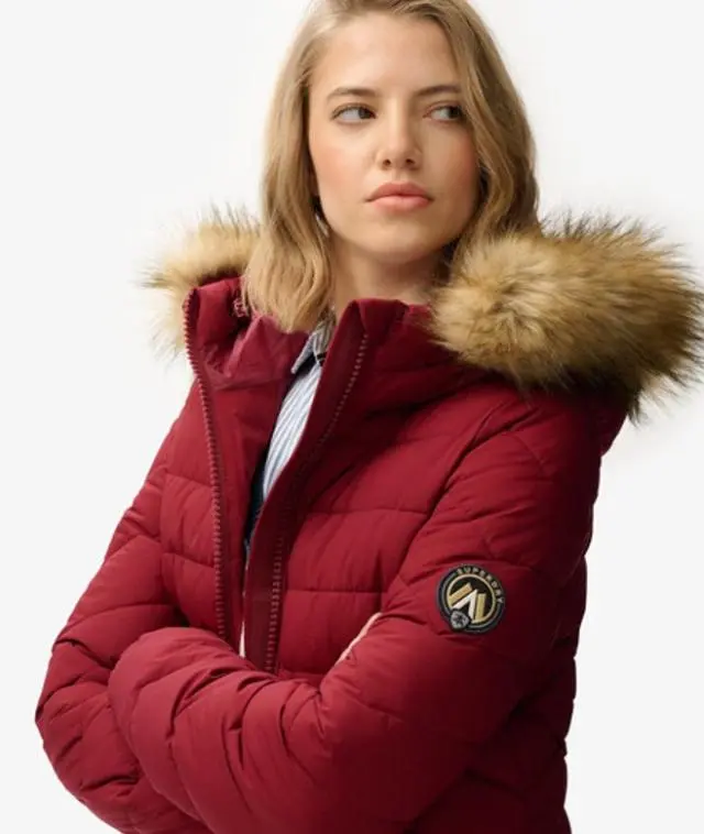 Superdry Women's Fuji Faux Fur Hooded Mid Length Coat Red / Wine Red - 