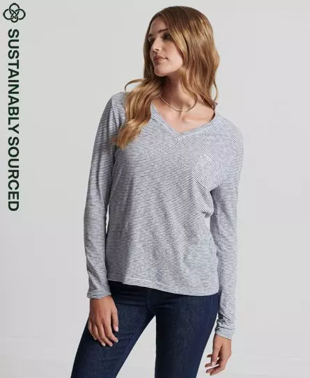 Superdry Women's Organic Cotton Long Sleeve Pocket V-Neck Top White / Optic/Black Stripe - 