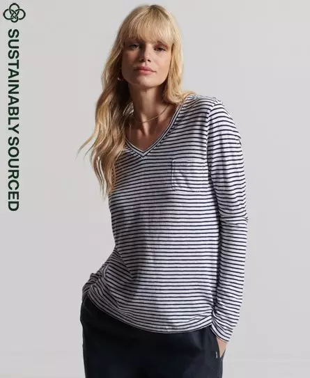Superdry Women's Organic Cotton Long Sleeve Pocket V-Neck Top Navy / Navy Breton - 