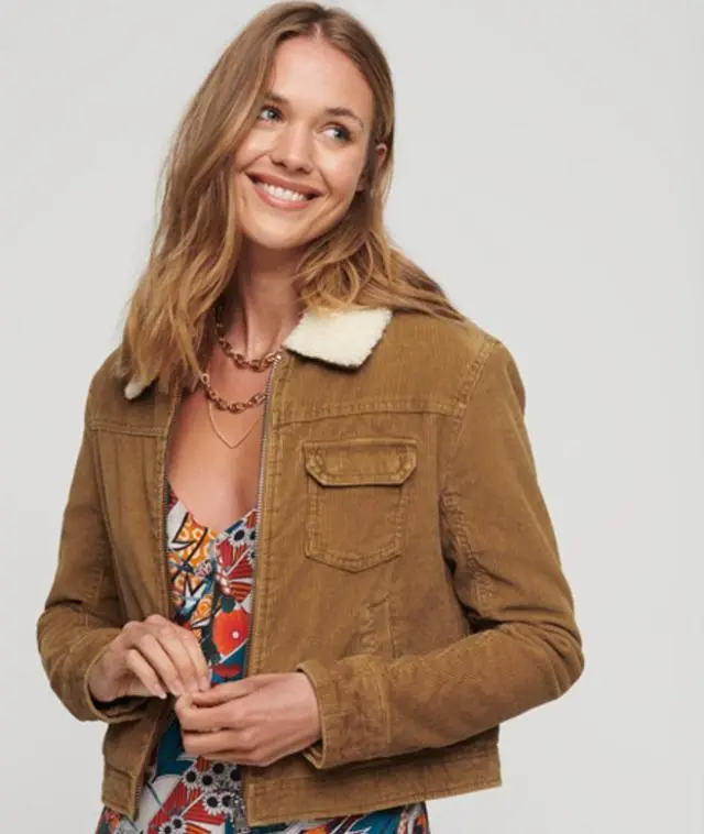 Superdry Women's Classic Cropped Sherpa Lined Cord Jacket, Dark Brown,