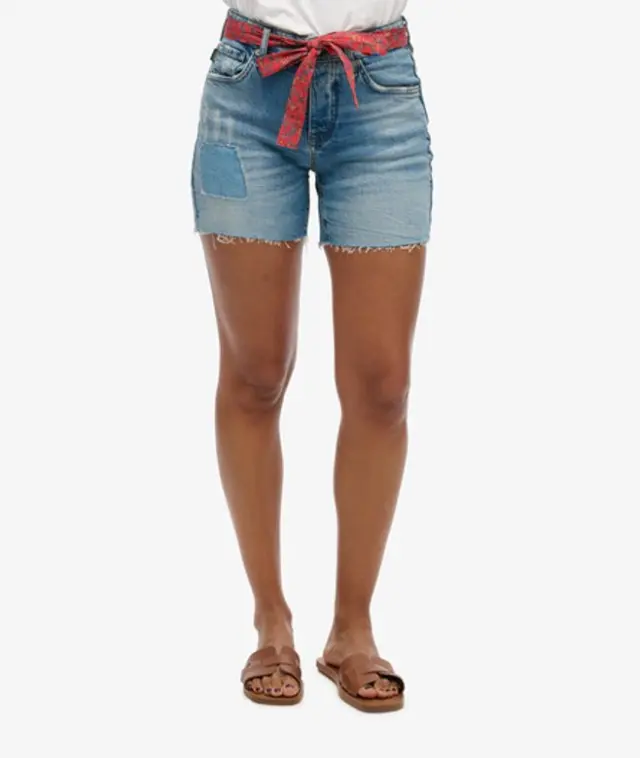 Superdry & Co Women's Vintage Mid Rise Slim Shorts Blue / Mid Wash Rip And Repair - 