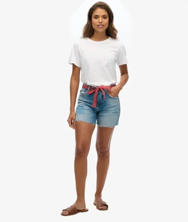 Superdry Women's Vintage Mid Rise Slim Shorts Blue / Mid Wash Rip And Repair - 
