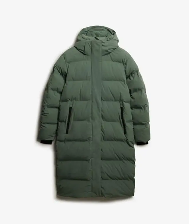 Superdry Women's Hooded Long Puffer Jacket Green / Laurel Khaki - 