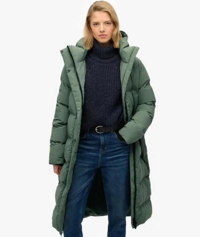 Superdry Women's Hooded Longline Puffer Jacket Green / Laurel Khaki -