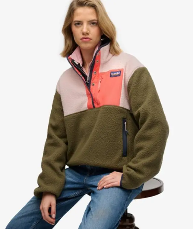 Superdry Women's Colour Block Fleece Pullover Green / Shooting Olive - 