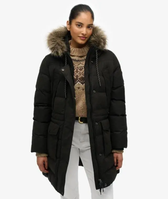 Superdry Women's Everest Microfibre Mid Faux Fur Puffer Jacket Black -