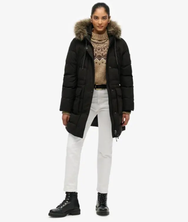 Superdry Women's Everest Microfibre Mid Faux Fur Puffer Jacket Black - 