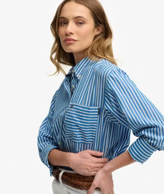 Superdry Women's Poplin Relaxed Long Sleeve Shirt Blue / Royal Blue/white - 