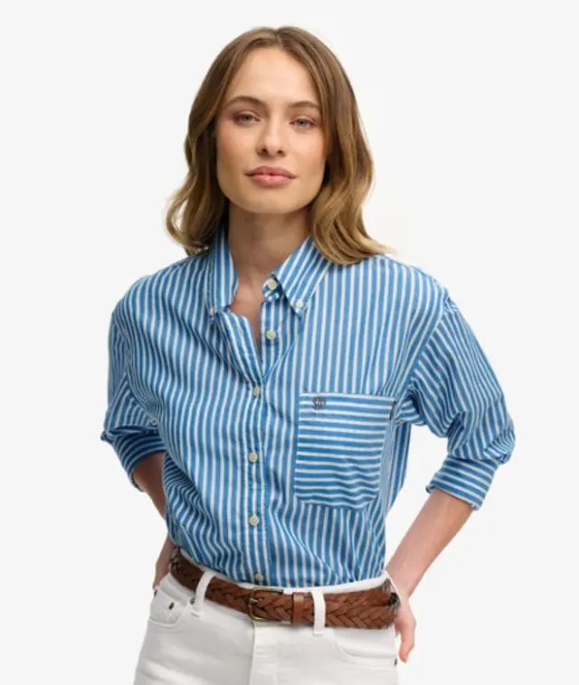 Superdry Women's Poplin Relaxed Long Sleeve Shirt Blue / Royal Blue/white -