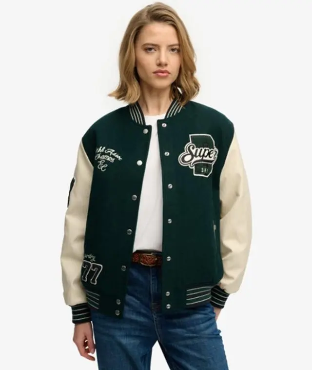 Superdry Women's Patched Varsity Bomber Jacket Green / Dark Pine Green - 