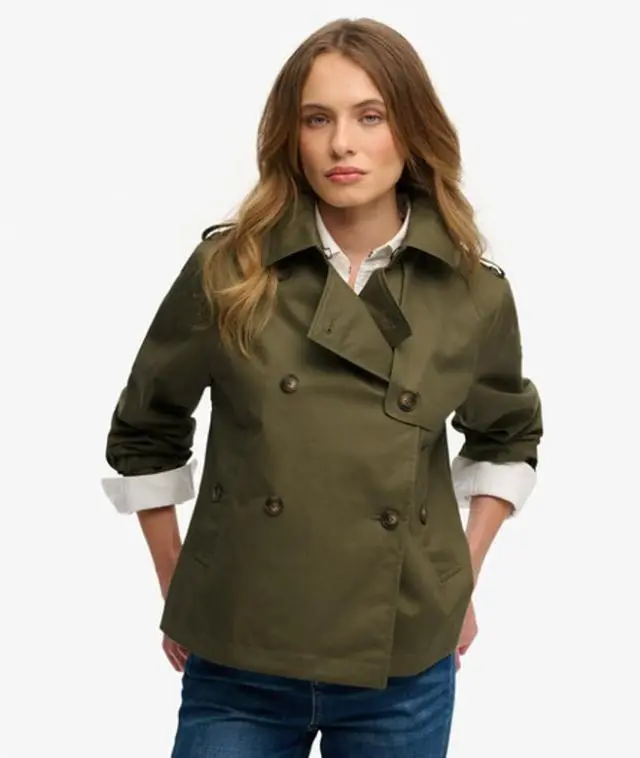 Superdry Women's Short Trench Coat Green / Dusty Olive Green - 