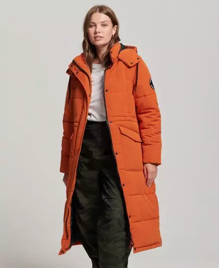Superdry Women's Everest Longline Puffer Coat Orange / Pureed Pumpkin - 