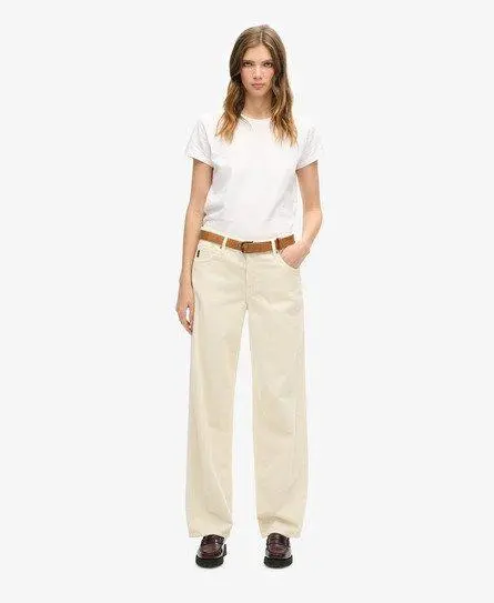 Superdry Women's Classic Logo Patch Vintage Wide Leg Cord Trousers, White, 