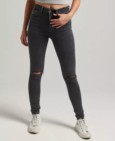Superdry Women's Organic Cotton High Rise Skinny Denim Jeans Black / Walcott Black Stone Rip - 