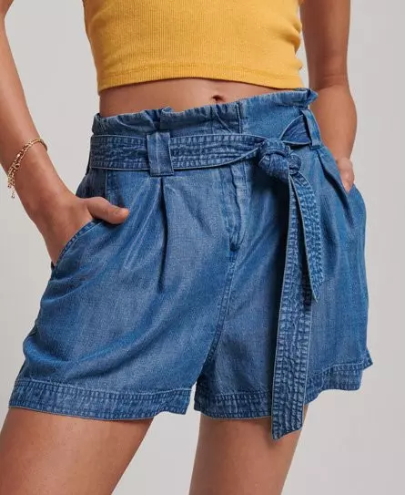 Superdry Women's Vintage Paperbag Shorts Blue / Mid Indigo Wash - 