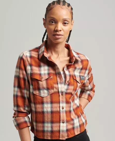 Superdry Women's Organic Cotton Cropped Flannel Check Shirt Orange / Roderick Check Rusty Orange - 