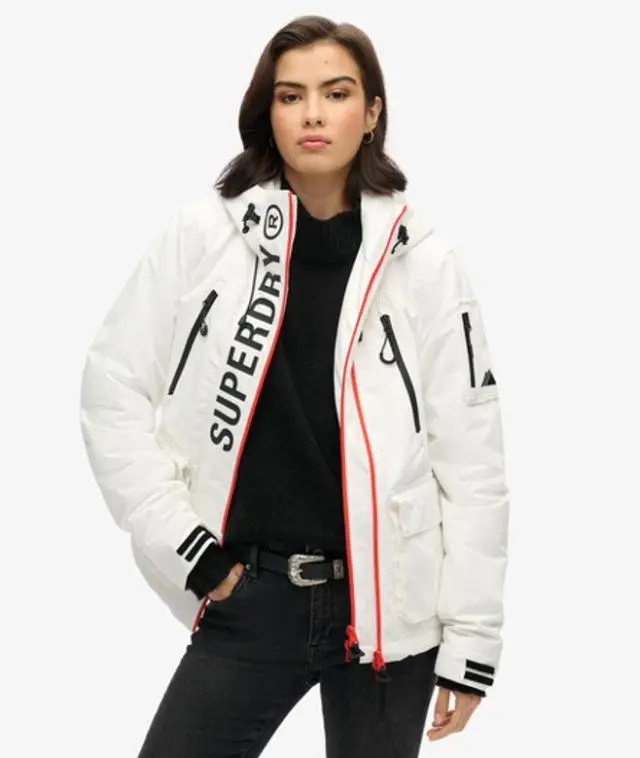 Superdry Women's Slim Fit Quilted Hooded Ultimate SD Windcheater Jacket, White and Black, 