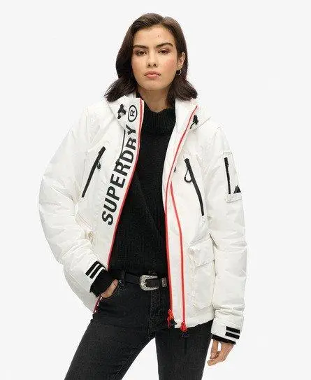 Superdry Women's Slim Fit Quilted Hooded Ultimate SD Windcheater Jacket, White and Black, 
