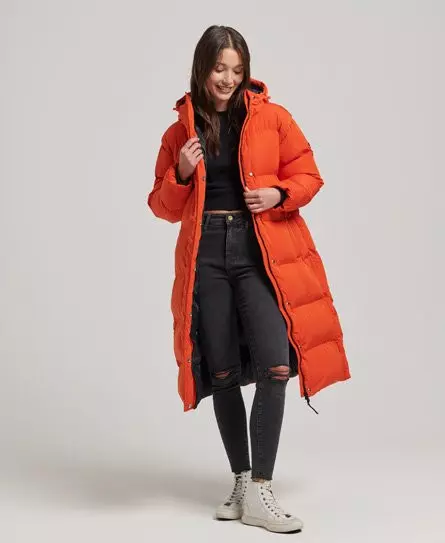 Superdry Women's Hooded Longline Puffer Coat Orange / Pureed Pumpkin - 