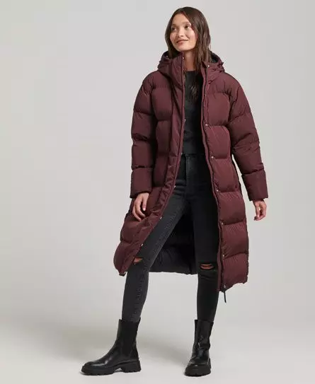Superdry Women's Hooded Longline Puffer Coat Red / Rich Deep Burgundy - 