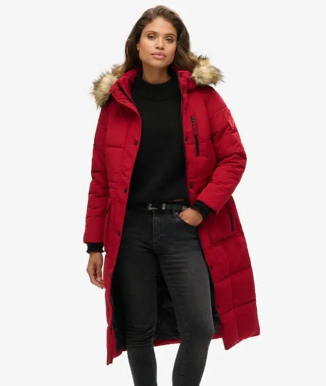 Superdry Women's Slim Fit Longline Faux Fur Everest Coat, Red, 