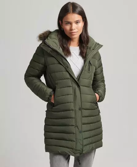 Superdry Women's Faux Fur Hooded Mid Length Puffer Jacket Khaki / Dark Moss - 