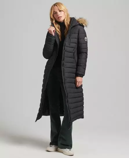 Superdry Women's Faux Fur Hooded Longline Light Padded Puffer Coat Black - 