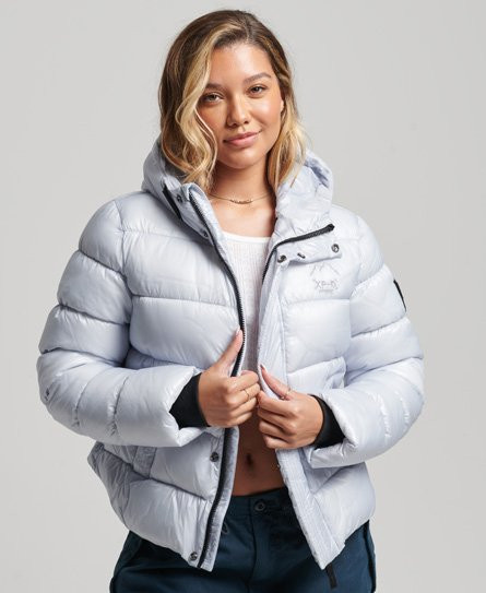 Superdry Women's Hooded Shine Sports Puffer Jacket Blue / Ice Blue - 