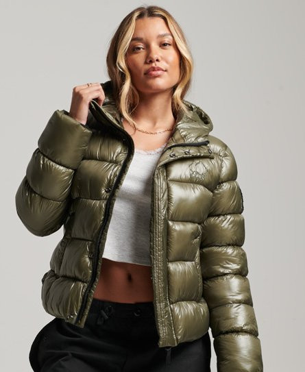 Superdry Women's Hooded Shine Sports Puffer Jacket Green / Dusty Olive - 