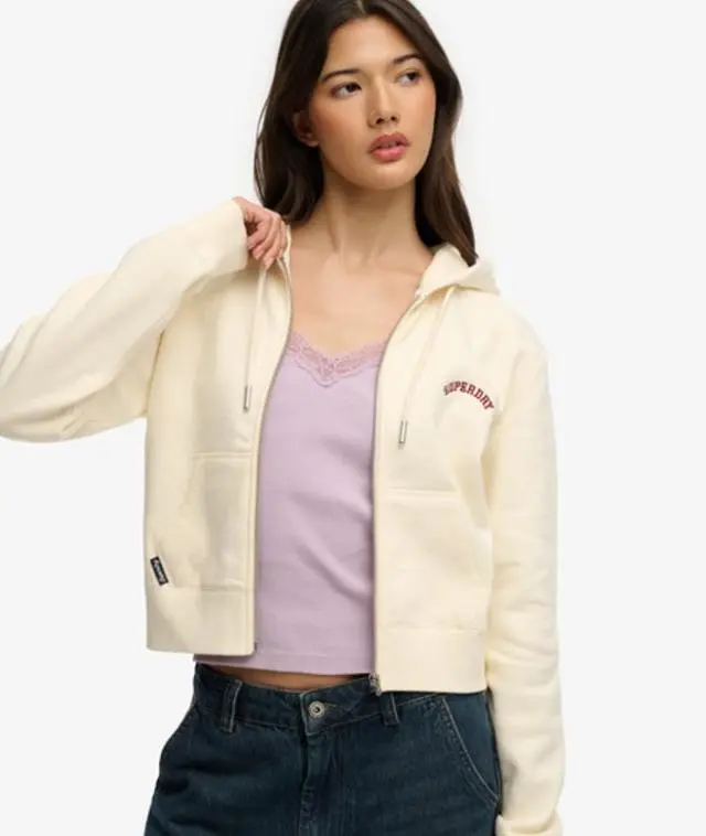 Superdry & Co Women's Essential Logo Cropped Zip Hoodie White / Desert Bone Off White - 