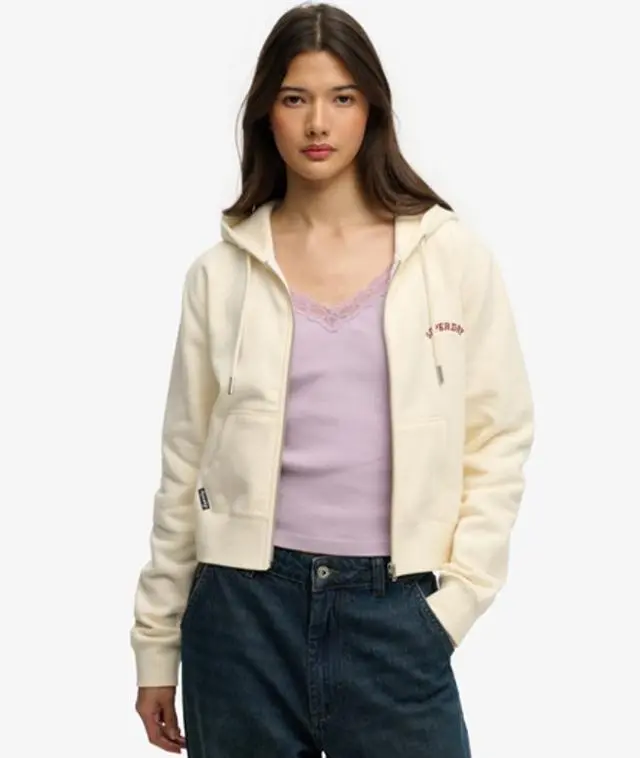 Superdry Women's Essential Logo Cropped Zip Hoodie White / Desert Bone Off White -