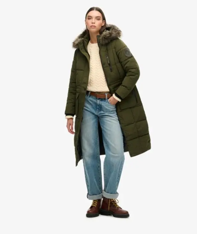 Superdry Women's Long Faux Fur Everest Coat Green / Surplus Goods Olive - 