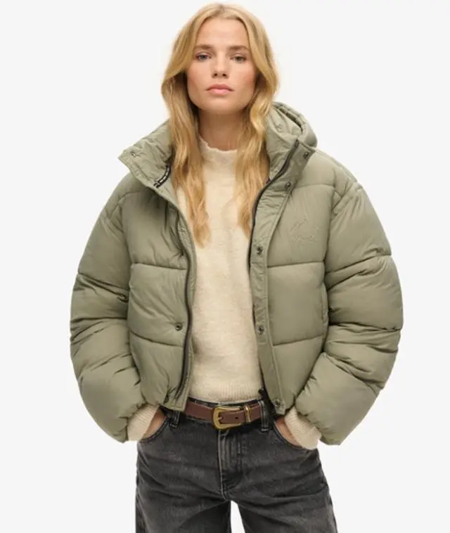 Superdry & Co Women's Cropped Cocoon Puffer Jacket Khaki / Light Khaki - 