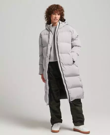 Superdry Women's Hooded Longline Puffer Coat Light Grey / Flat Grey - 