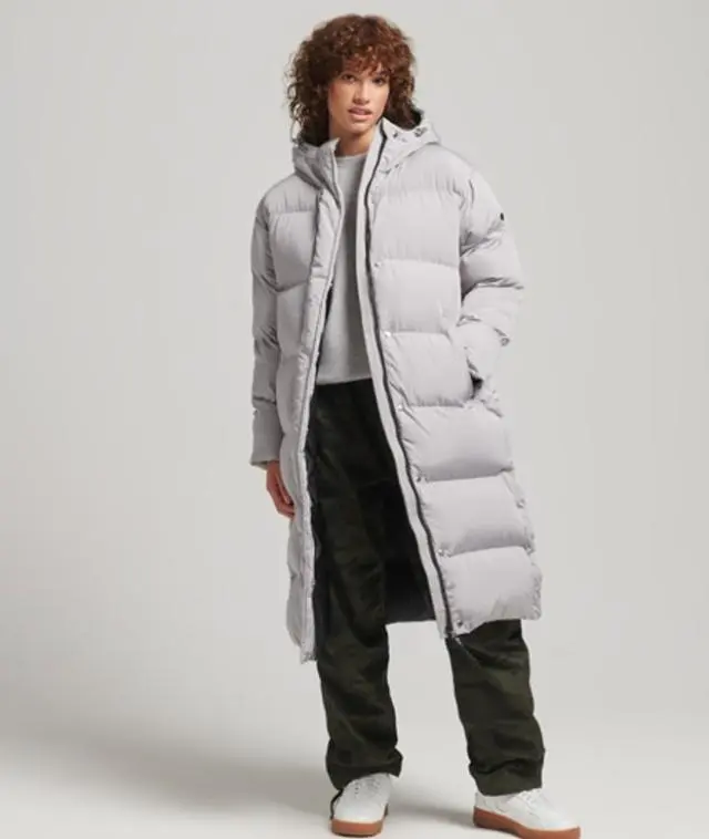 Superdry Women's Hooded Longline Puffer Coat Light Grey / Flat Grey - 