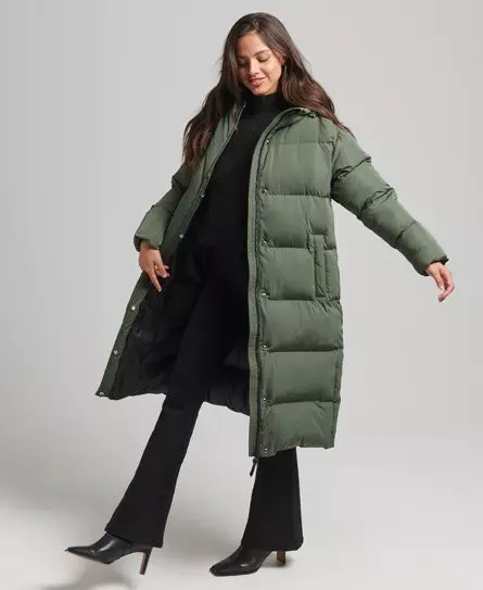 Superdry Women's Hooded Longline Puffer Coat Green / Thyme - 