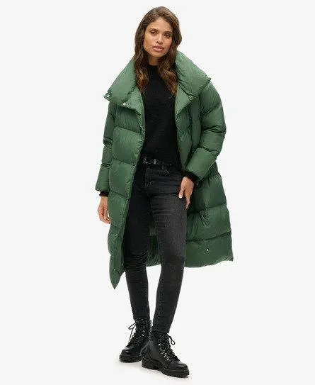 Superdry Women's Classic Quilted Longline Puffer Coat, Dark Green, 