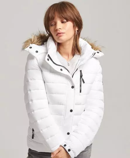 Superdry Women's Faux Fur Short Hooded Puffer Jacket White - 