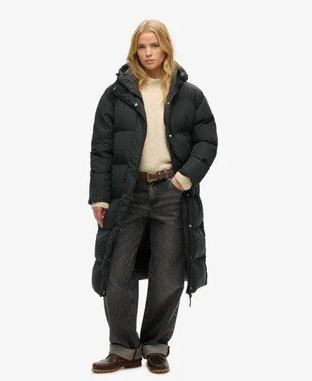 Superdry Women's Logo Badge Hooded Longline Puffer Coat, Black, 