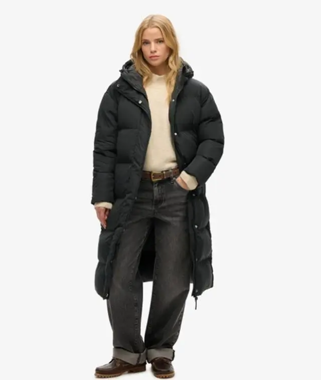 Superdry Women's Logo Badge Hooded Longline Puffer Coat, Black, 