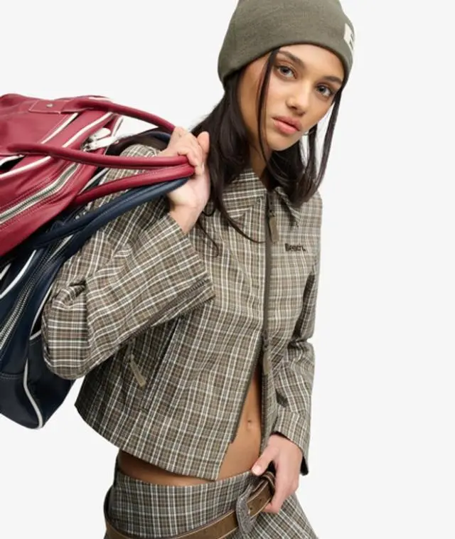 Bench x Superdry & Co Women's Bench Double Zip Collared Check Jacket Green / Olive Moody Check/ Black Olive - 